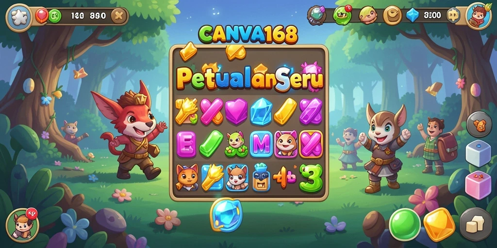 Tampilan gameplay seru dalam <strong>CANVA168</strong> dengan level match-3 yang menantang.