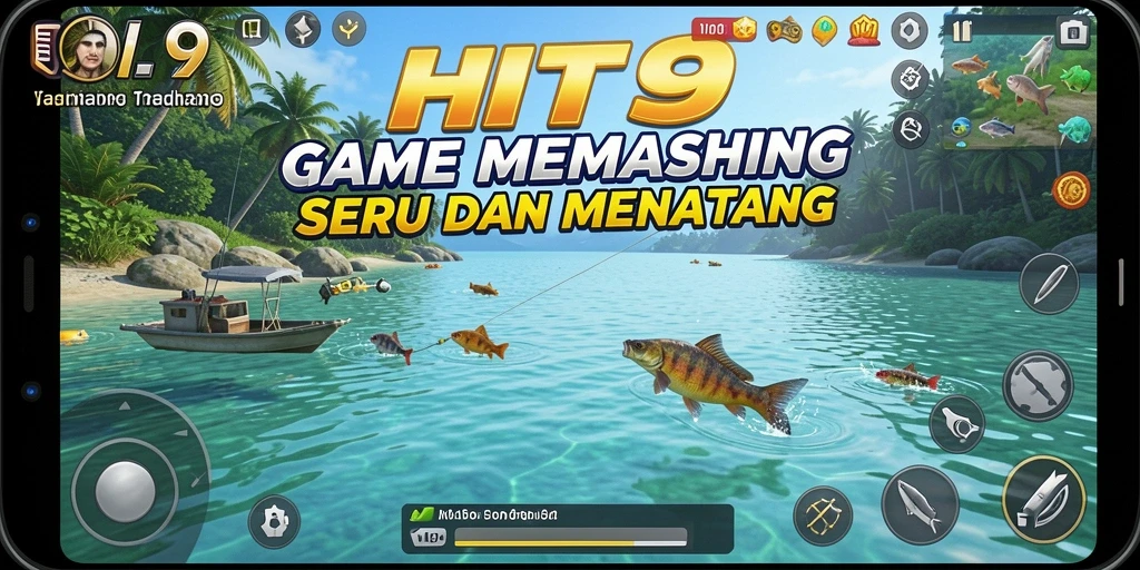 Tampilan gameplay HIT9 dengan pemandangan memancing yang indah.