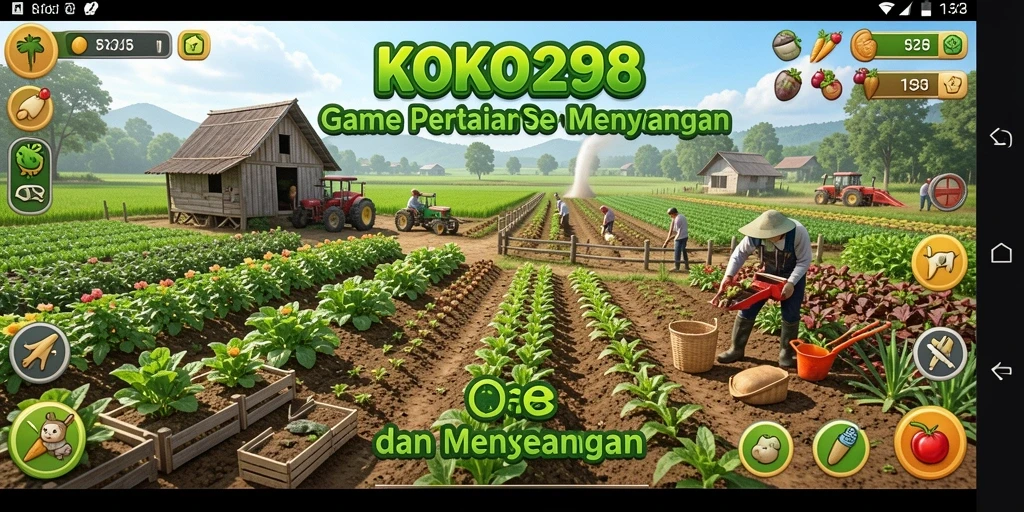 Tampilan gameplay KOKO288 dengan ladang hijau dan aktivitas bertani.