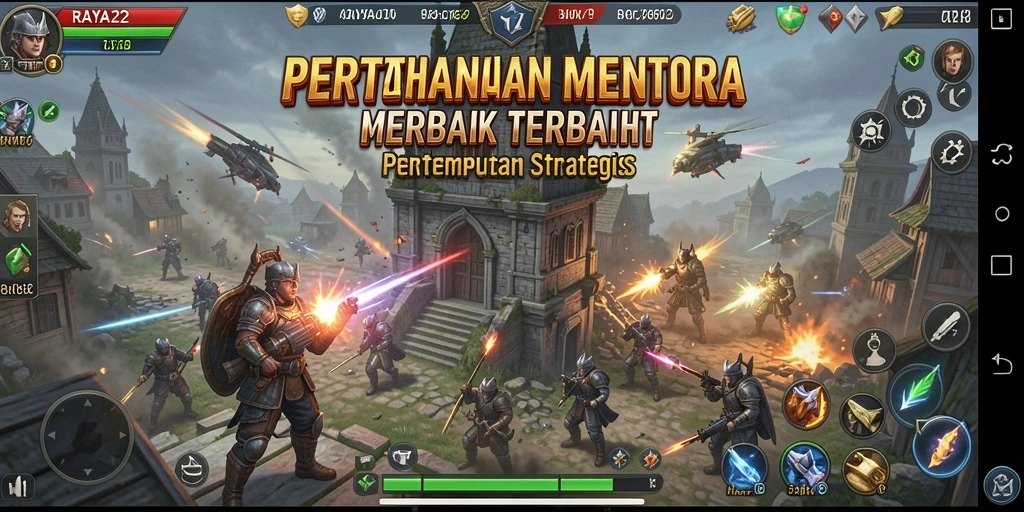 Tampilan gameplay RAYA22 dengan menara dan musuh yang menegangkan.